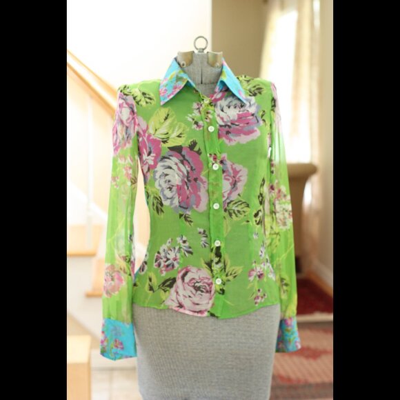 DOLCE & GABBANA Sheer Bright Green, Pink, Blue Floral Long Sleeve Silk Shirt - Picture 1 of 5